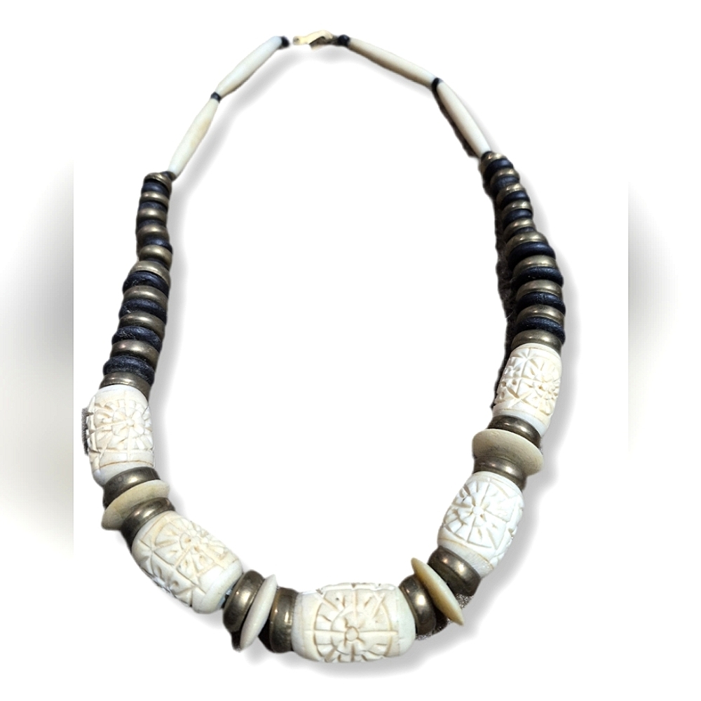 Vintage Bronze, Black & Cream Oversized Beaded Boho Style Necklace